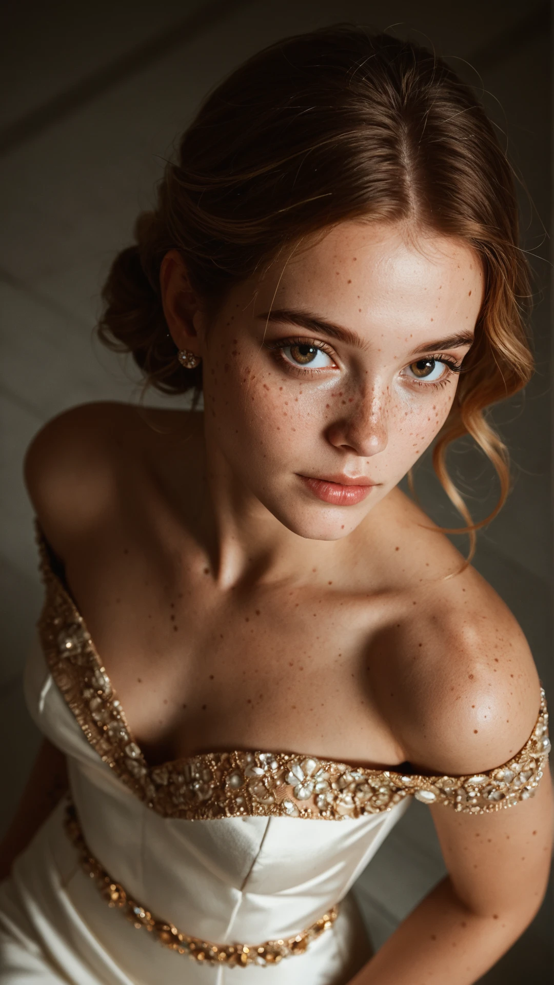 score_9, score_8_up, score_7_up, score_6_up, score_5_up, score_4_up, golden hour glow, freckles, bold accessories, diagonal shadows, intense expression, high-angle, elegant neckline, soft shoulder curve, gentle tilt, subtle shadows, refined elegance