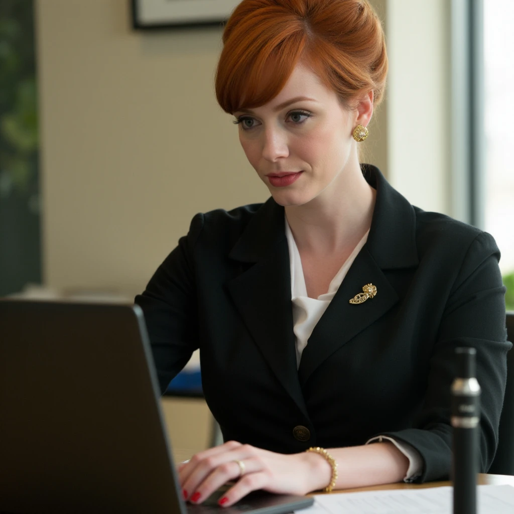 <lora:Joan_Holloway-000036:0.9> joan holloway, a redhead woman wears a tutleneck business suit. She works using a laptop in a modern office. On her desk is an electronic vape cigaret