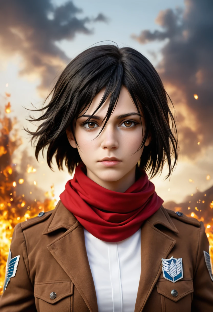 1girl, solo, looking at viewer, short hair, bangs, shirt, black hair, hair between eyes, brown eyes, closed mouth, jacket, white shirt, upper body, open jacket, lips, windswept hair, portrait, red scarf, brown jacket, nose, emblem, paradis military uniform, embers, survey corps (emblem), mikasa ackerman, (spark, fire)