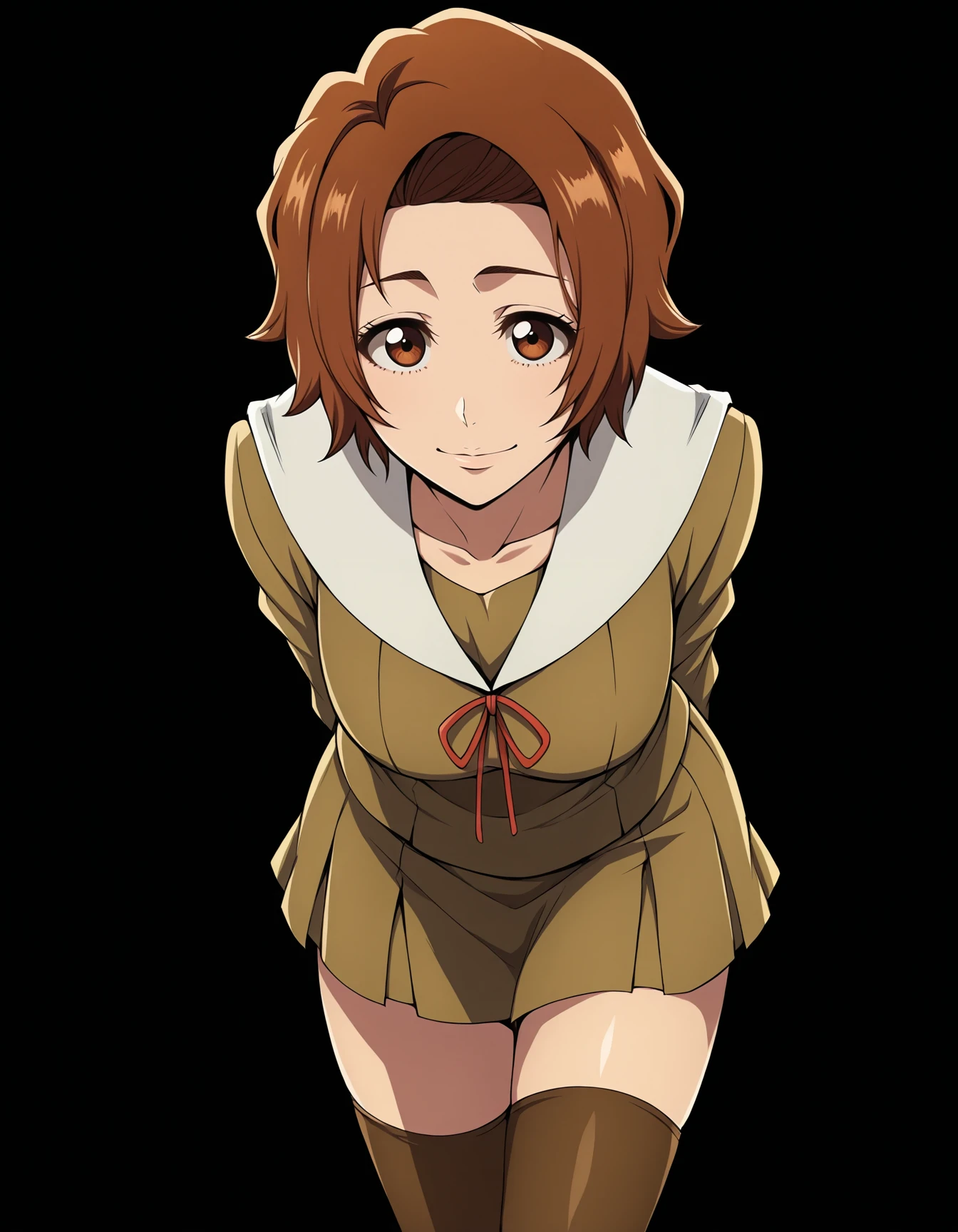 <lora:Masaki_Illu:1>masaki_kurosaki, short hair, brown hair, brown eyes, school uniform, closed smile, leaning forward, hands behind back, looking down at viewer, thigh highs,  black background,, masterpiece, best quality