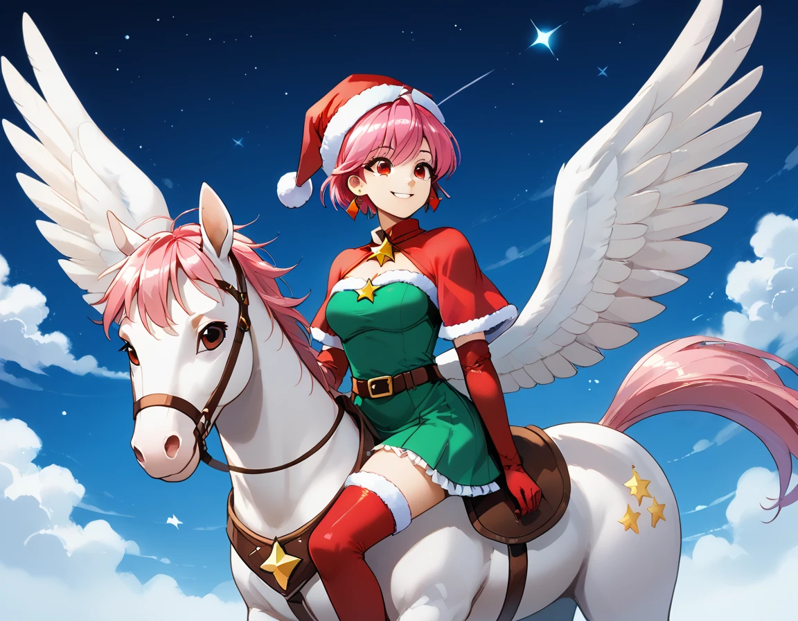 night air, stars,  <lora:sfcest_v0.91:0.9> sfcest,1girl, pink hair, short hair, breastplate, smile, red eyes, ,( red santa hat:1.2)<lora:StardustChristmasCitronOCPDXL:0.4> || zzStardustCitron,   green dress, red elbow gloves, bare shoulders, red jewelry, red earrings,  red and white thighhighs, fur trim, strapless,   
<lora:pegasus knight-v3-pony:0.5> pegasus knight, horse, horseback riding, pegasus, 
score_9, score_8_up, score_7_up, masterpiece, best quality, extremely delicate and beautiful, highres, original