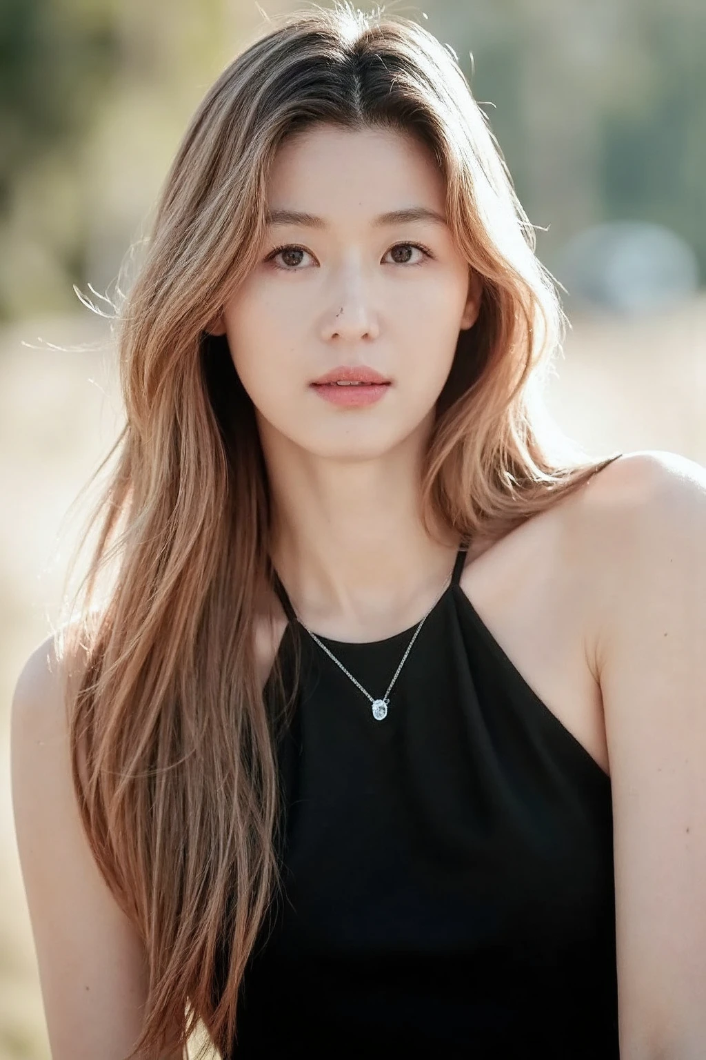 (medium full shot), beautiful korean girl with long blonde hair wearing black halter dress, necklace, dslr, soft lighting, high quality, light reflections, blood vessels, pale skin, skin pores,blood vessels in sclera, detailed skin, beauty spots, skin fuzz, <lora:flux_realism_lora:1>,    <lora:makinaflux_junjihyun_v1.0:1>