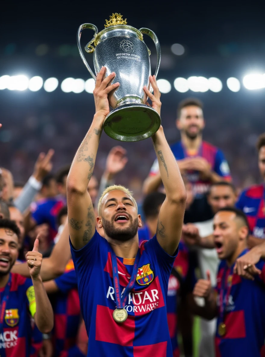 Portrait closeup photo of n3ym4rjr man, celebrating the barcelona soccer team champions league, with the team, in a crowded stadium.