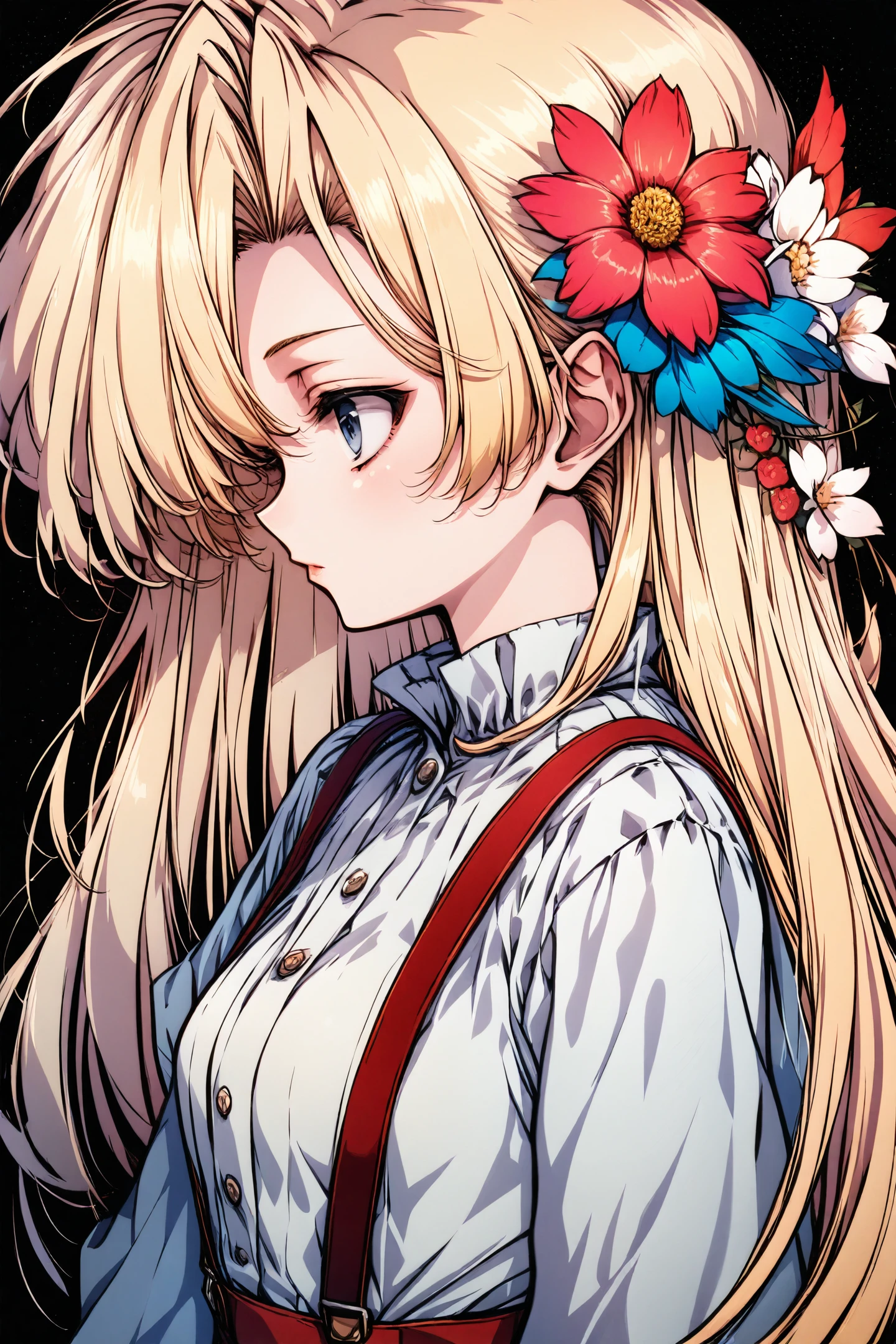 1girl, solo, flower, hair ornament, hair flower, long hair, blonde hair, upper body, profile, blue eyes, from side, shirt, suspenders, black background
<lora:Old Fashioned Celluloid_illustriousXL:0.9>,