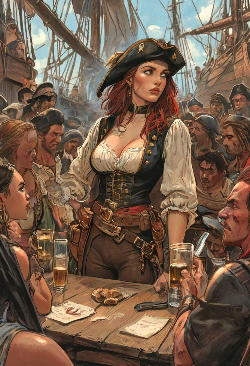 raw Pirates meeting in 1473 in America colonisation, Barbades, graphic novel comics , Bar Pirate, women and men together, a leader talking to the crowd, highly detailed, wide angle , 1girl, eating <lora:_CHY_AquarelleComics_V1:1.5>