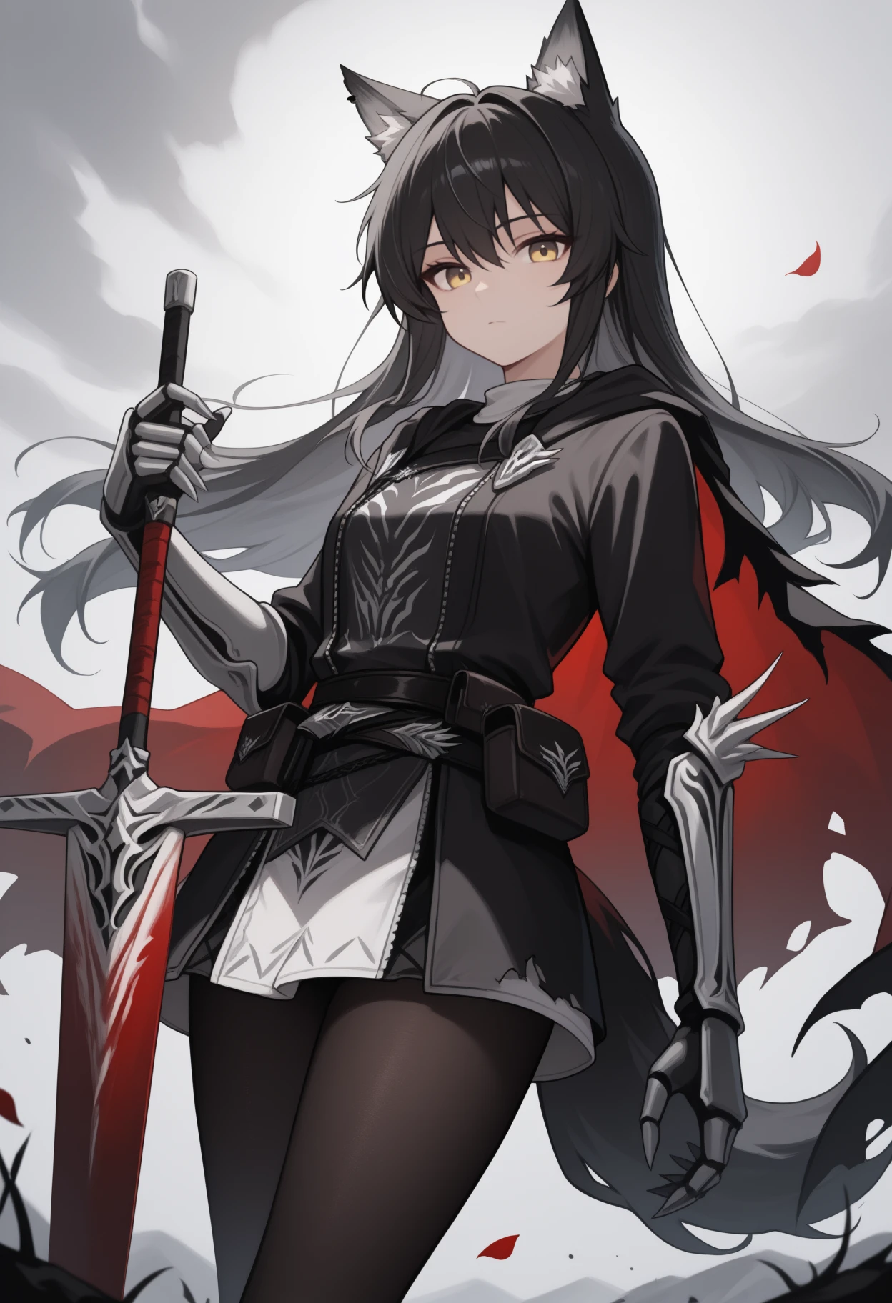 masterpiece, best quality, <break> solo, 1girl, txswgbrkr, wolf tail, expressionless, looking at viewer, standing, holding sword, planted sword, long hair, black hair, hair between eyes, animal ears, animal ear fluff, animal ear piercing, yellow eyes, two-sided cape, black cape, red cape, torn clothes, black jacket, open jacket, long sleeves, belt pouch, black shirt, gauntlets, white skirt, black pantyhose, grey sky, falling petals
<segment:yolo-Anzhc Face seg 640 v2 y8n.pt,0.4,0.5//cid=1>