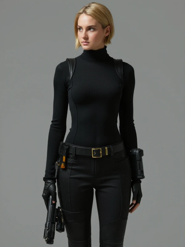 tris, a blond woman with short boycut. She wears a black turtleneck dress and black leggings and military boots. She holds a cyberpunk machinegun <lora:Tris:0.9>