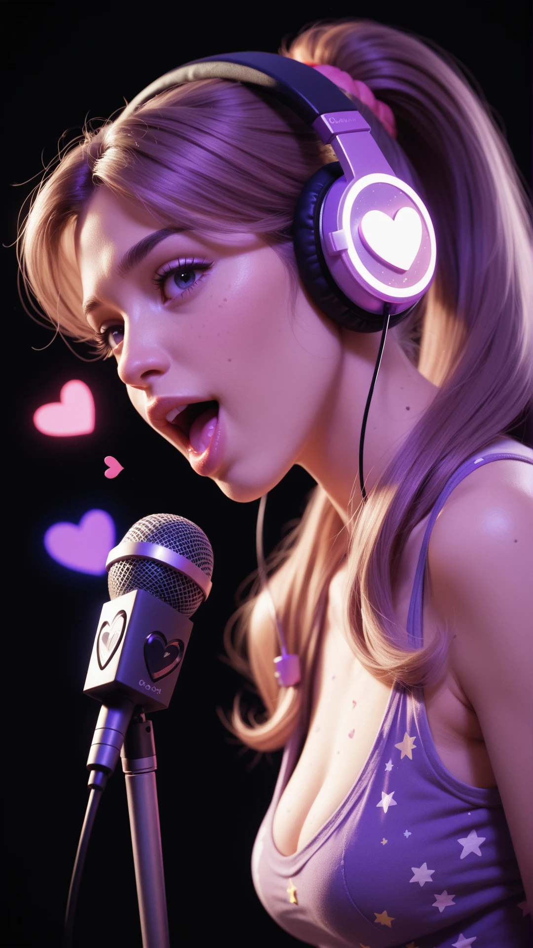 acore_9, score_8_up, score_7_up, score_6_up, score_5_up, score_4_up, a woman, ponytail, uwu, long hair, portrait, floating hearts, black background, purple neon grading, popstar, microphone, headphones, singing, lush breasts