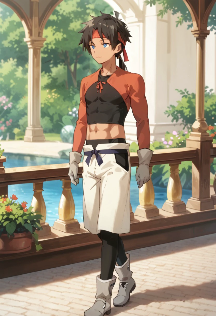 score_9, score_8_up, score_7_up, score_6_up, highly detailed,Good Colors, Good Shading, Good Eyes, Contrast Shading, male focus, slim, skinny, slim body, young man, correct anatomy, 1boy, alone, Dian, black hair, blue eyes, tanned skin, abs, ponytail, red bandana, red and black crop top, gray gloves, white pants, black tights, gray boots, walking, garden