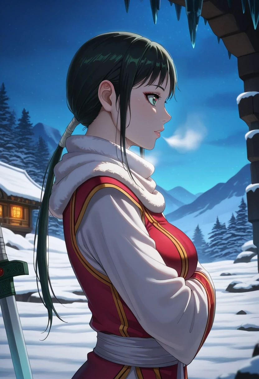 masterpiece, best quality, intricate details, (photorealistic:0.6), , , 1girl, solo, <lora:qiang_lei_ilxl:0.92>, qiang_lei, black hair, green eyes, long hair, low ponytail, , aged down, sword, profile, snowy town, snow, ice, stalagmite, dark, arms under breasts, heart eyes,