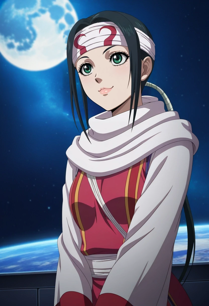 masterpiece, best quality, , anime screencap, anime coloring, official style, , , 1girl, solo, <lora:qiang_lei_ilxl:1>, qiang_lei, black hair, green eyes, long hair, low ponytail, headband, lips, , upper body, space, planets, night, full moon, v arms, :\3,