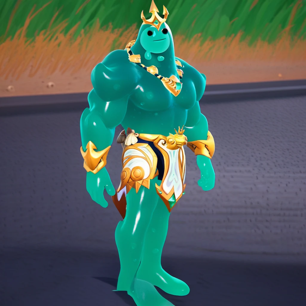 a masterpiece, the highest quality,rippley, goo creature, goo humanoid, muscular male,posing , detailed background,loincloth,crown,Trident,Roman ruins