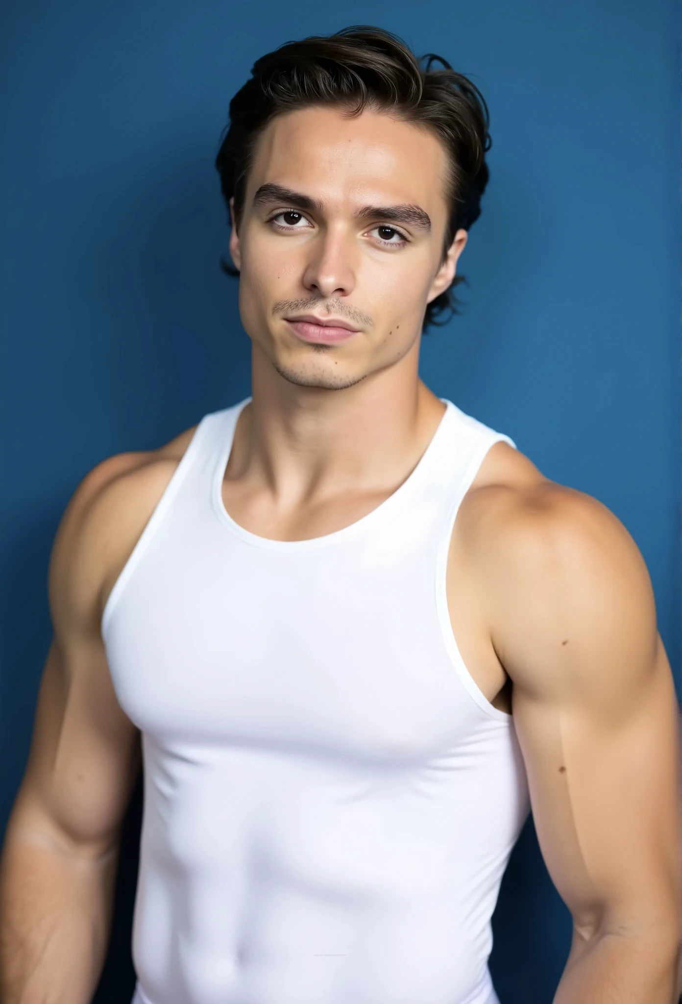 Nicholas Alexander Chavez. The image is a high-resolution photograph of Nicholas Alexander Chavez with a clean-shaven face and dark brown hair, showcasing a close-up view of his upper body and face. Standing against a solid blue background. He has expressive brown eyes. His facial expression is neutral, with a slight, cocky smile. His facial expression is serious and slightly pensive, with a neutral to slightly stern gaze directed at the camera. He is wearing a white compression tank top that is tight against his muscled torso.