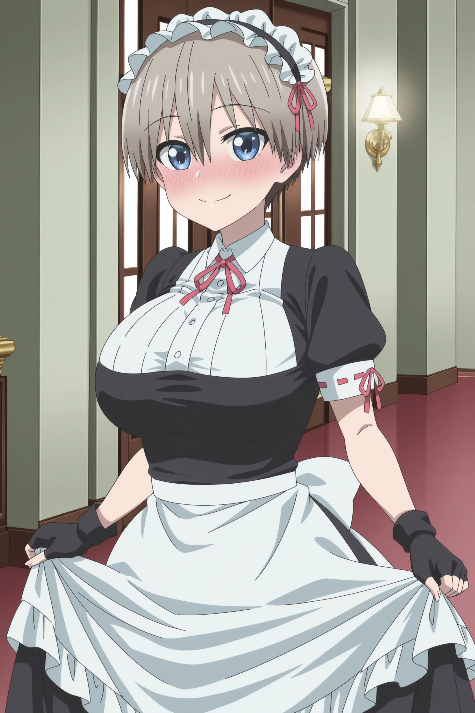 masterpiece, detailed face,
in a mansion,
 <lora:Hana_Uzaki_Uzaki-chan_Wants_to_Hang_Out_-_Illustrious:1>Hana Uzaki, 1girl, short hair, gray hair, bangs, hair between eyes, blue eyes, large breasts, Hana maid outfit, white apron, fingerless black gloves, dress, maid headdress, enmaided, short sleeves, red ribbon, frills, neck ribbon, puggy sleeves, maid apron, skirt hold
cowboy shot, looking at the viewer, smile, blushing