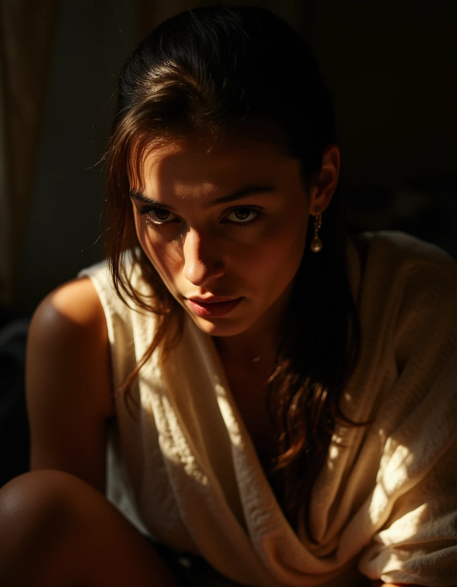 A cinematic photo of a beautiful berber woman, intricate light, angle view, thoughtful look down.