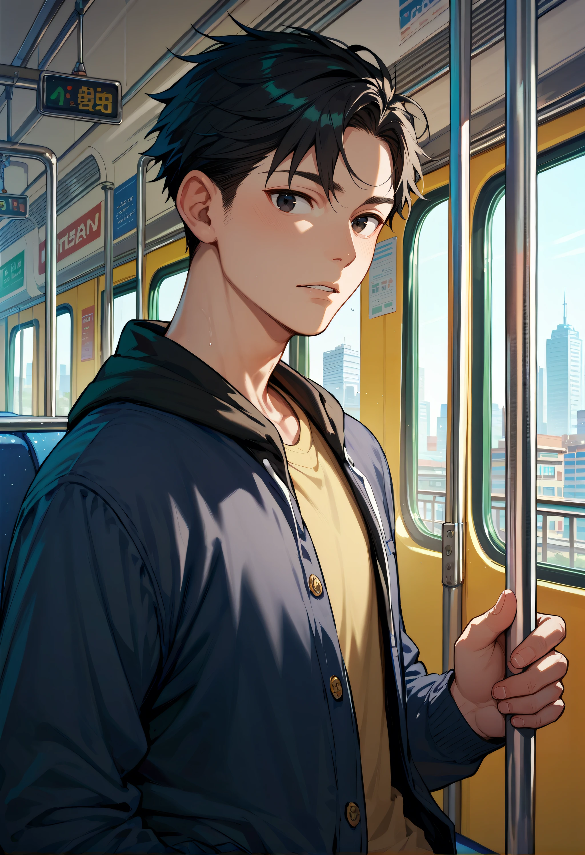 black hair, black eyes, solo, subway, city, smooth anime boy, score_9, score_8_up, score_7_up, score_6_up