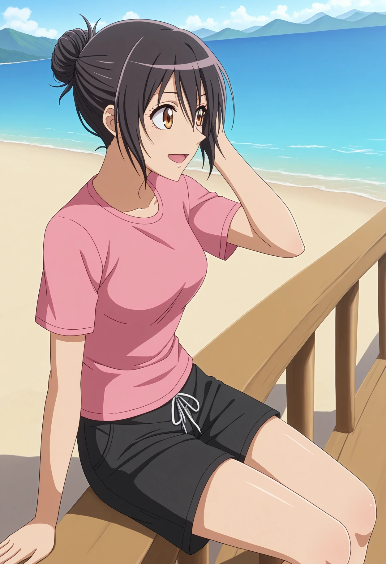 masterpiece, best quality, 1girl, solo,
<lora:Misaki_Ayuzawa_Kaichou_wa_Maid-sama_IL_V1:1>, KJOmisaki, black hair, brown eyes, hair between eyes, hair bun,
pink shirt, black shorts, short sleeves, 
from side, adjusting hair, looking to the side, wind, dutch angle, looking out to the scenery, smile, open mouth, sitting on railing, 
beach, porch, wooden railing, ocean, mountainous horizon, 
(Beautiful, medium Breasts:1.2),