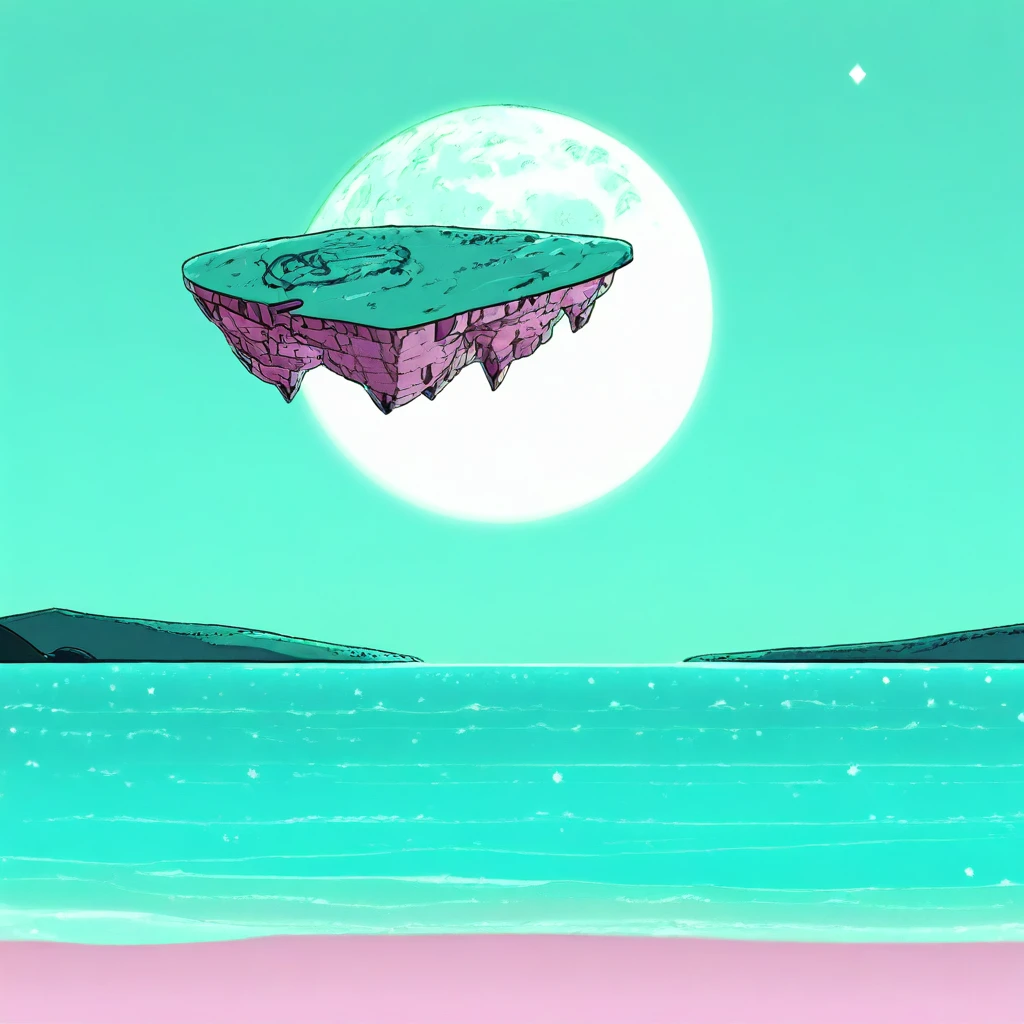 full moon, beams, floating island, horizon, no humans, aqua, green, beach, hill, space, pink, sun