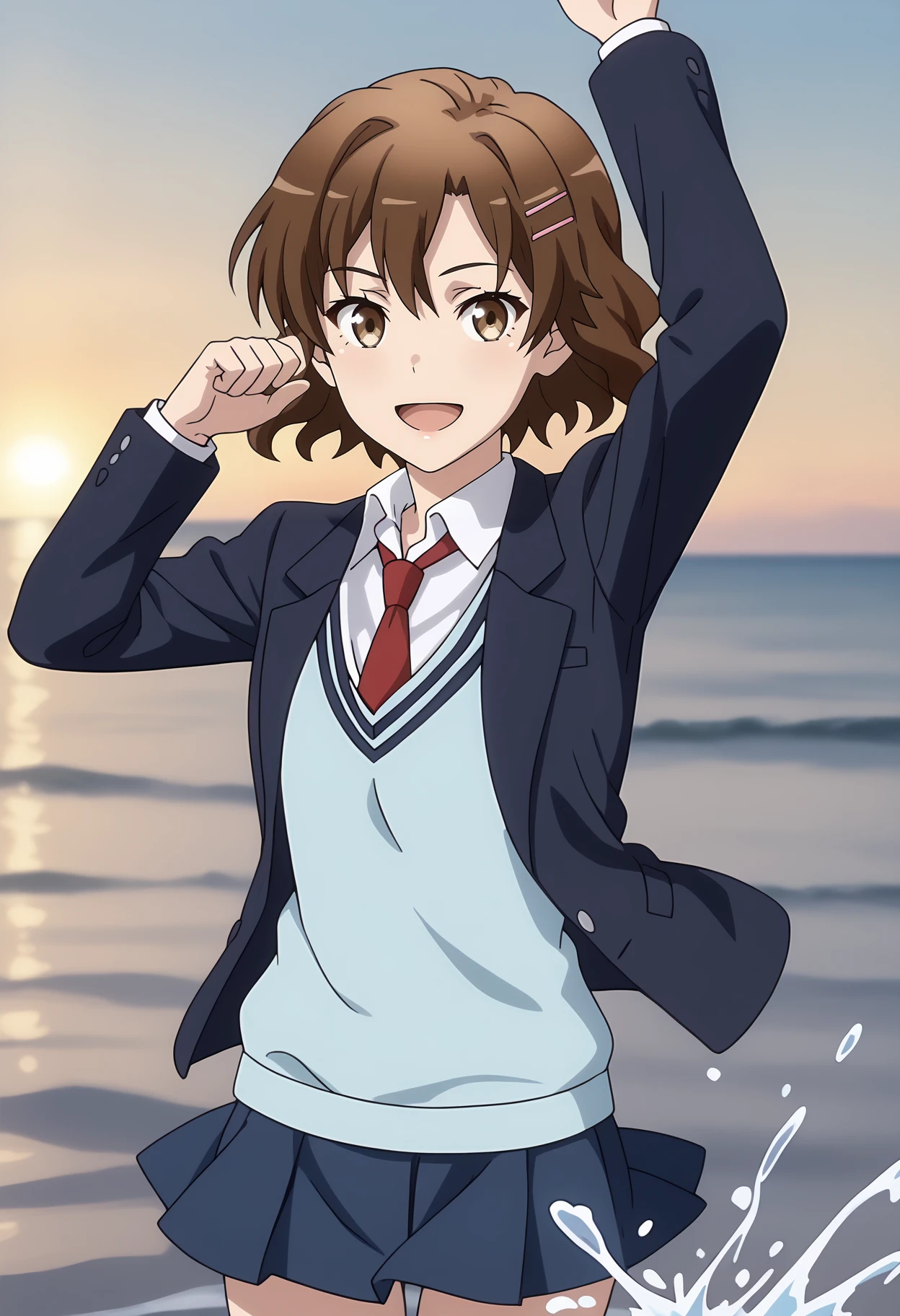 anime screencap,
<lora:YahariOreNoSeishunLoveComedy_OrimotoKaoriXL:0.9>,
1girl, solo, open mouth, smile,
short hair, wavy hair, brown hair, hair between eyes, brown eyes, hairclip,
OrimotoKaori, blazer, open jacket, blue jacket, sweater vest, blue sweater, collared shirt, white shirt, red necktie, long sleeves, pleated skirt, blue skirt,
arm up, thigh gap, cowboy shot, standing, looking at viewer,
splashing, splash, partially submerged, water, sunset, beach, outdoors, blurry background