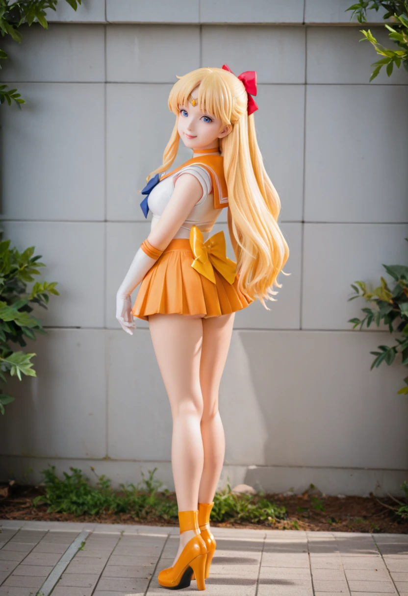DSLR,realistic,cosplay photo,
(very awa,masterpiece,best quality,year 2024,newest,absurdres,highres:1), photography shot with Canon EOS 5D Mark IV ,
1girl,smile, looking at viewer, solo, sailor venus,minako aino,blonde hair,blue eyes,bow,hair bow,half updo,long hair,red bow,tiara,back bow,choker,elbow gloves,gloves,jewelry,magical girl,orange choker,orange sailor collar,orange skirt,sailor collar,sailor senshi uniform,skirt,white gloves,orange footwear, standing,
outdoors,beautiful scenery,
<lora:PVC Style-noobXL-V1.2:1>