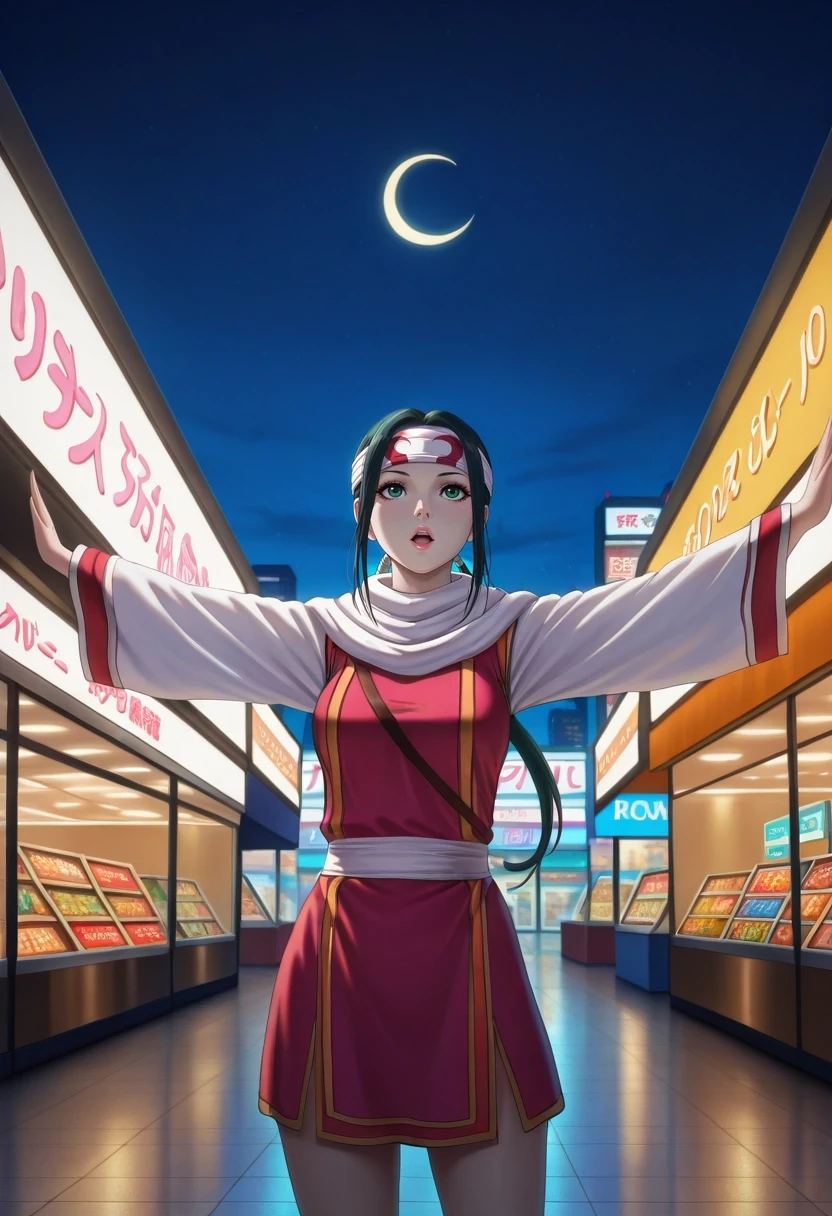 masterpiece, best quality, , (photorealistic:0.6), , , 1girl, solo, <lora:qiang_lei_ilxl:0.98>, qiang_lei, black hair, green eyes, long hair, low ponytail, headband, lips, , wide angle, wide shot, cowboy shot, shopping mall, stores, signs, night, crescent moon, spread arms, open mouth,