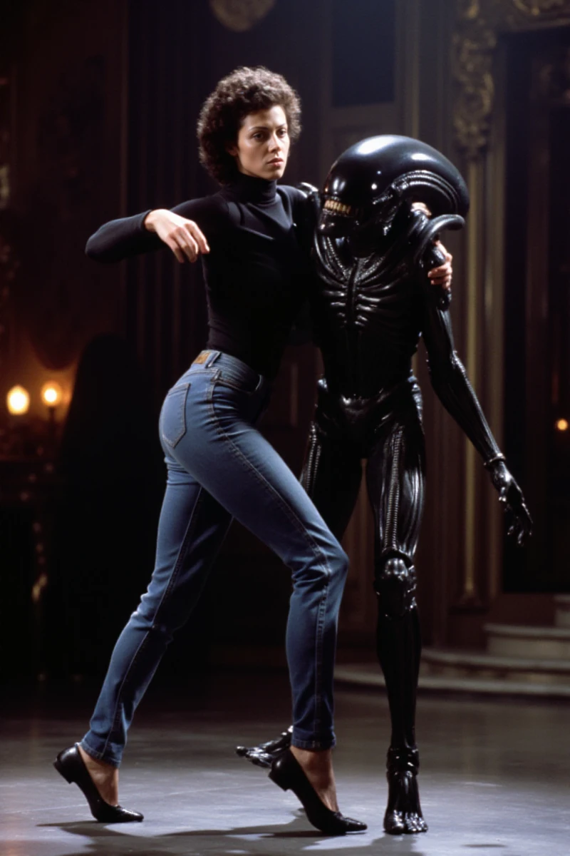 <lora:Ripley:0.9> ripley, a woman wears a turtleneck and jeans. She is ballet dancing with an alien black xenomorph in a ballroom  <lora:Xenomorph:0.4>