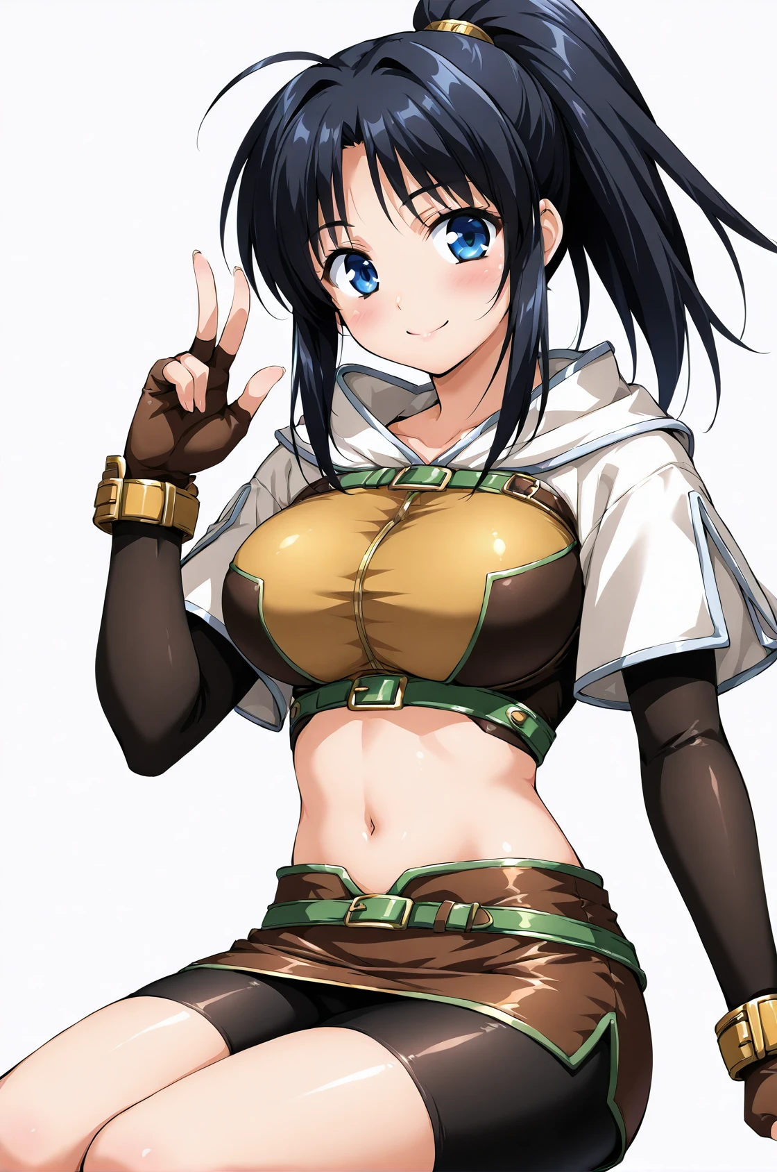 Homura , homura from senran kagura, dark brown hairs, long ponytail hairs, white ribbon, hands on hips, round breasts, eroused breast, big breasts, sexy figure, naked breasts, tight panties , sharp smile , (dark green eyes), hands on hip, hands on add, portrait shot, upper body shot, face focus, closeup shot, only upper body shot, BREAK indoors, office, BREAK looking at viewer, BREAK (masterpiece:1.2), best quality, high resolution, unity 8k wallpaper, (illustration:0.8), (beautiful detailed eyes:1.6), extremely detailed face, perfect lighting, extremely detailed CG, (perfect hands, perfect ???????),