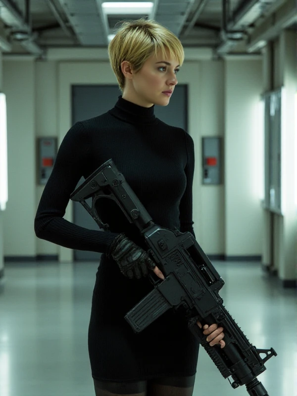 tris, a blond woman with short boycut. She wears a black turtleneck dress and black leggings and military boots. She holds a cyberpunk machinegun <lora:Tris:0.9>