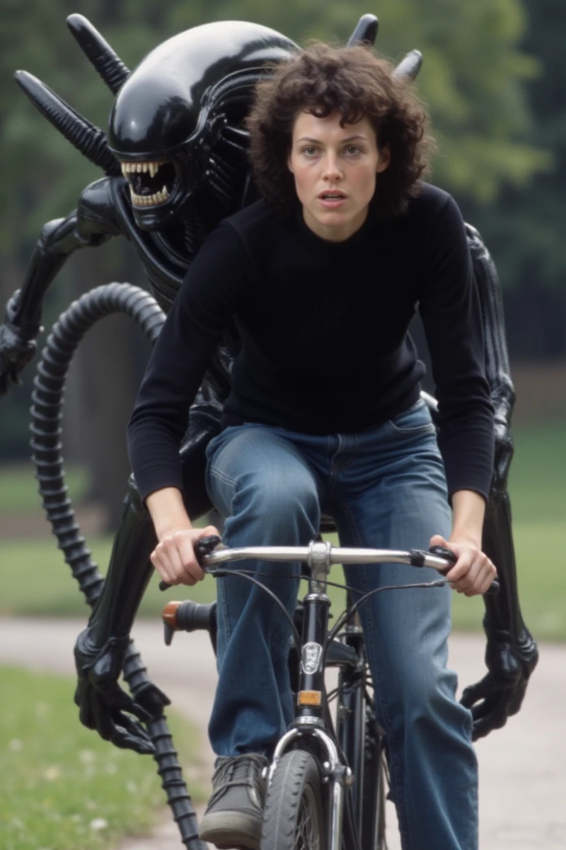 <lora:Ripley:0.9> ripley, a woman wears a turtleneck and jeans. She is riding a bicycle with an  alien black xenomorph  in a park  <lora:Xenomorph:0.4>