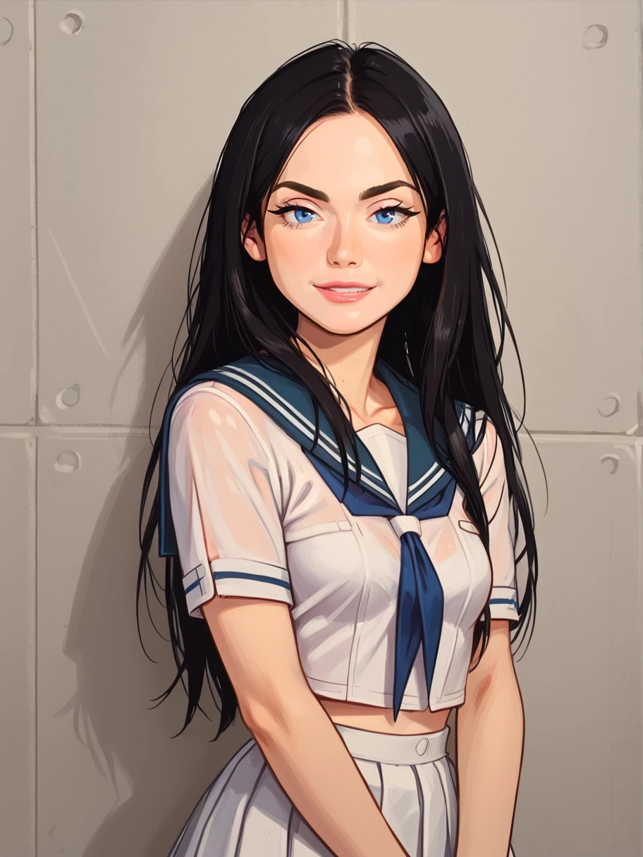 1girl, solo, looking at the viewer, demure, smirk
 <lora:Nikky_Dandelion:1> nikkydandelion, black hair, long hair, blue eyes, small breasts, sailor uniform, 
<lora:raichiyo33XLP:.55> raichiyo33 <lora:bp4rtXLP:.55> <lora:Expressive_H:.65>âââ