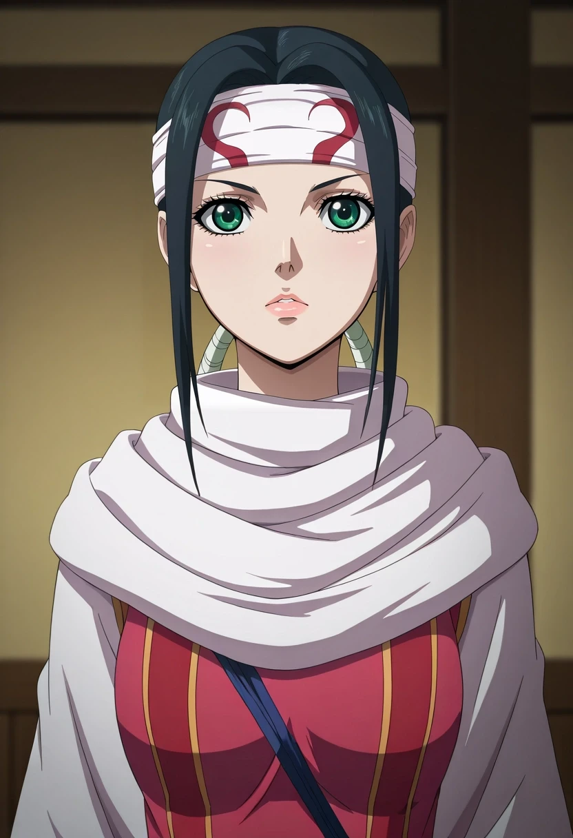 masterpiece, best quality, , anime screencap, anime coloring, official style, , depth of field, 1girl, solo, <lora:qiang_lei_ilxl:0.96>, qiang_lei, black hair, green eyes, long hair, low ponytail, headband, lips, , ,