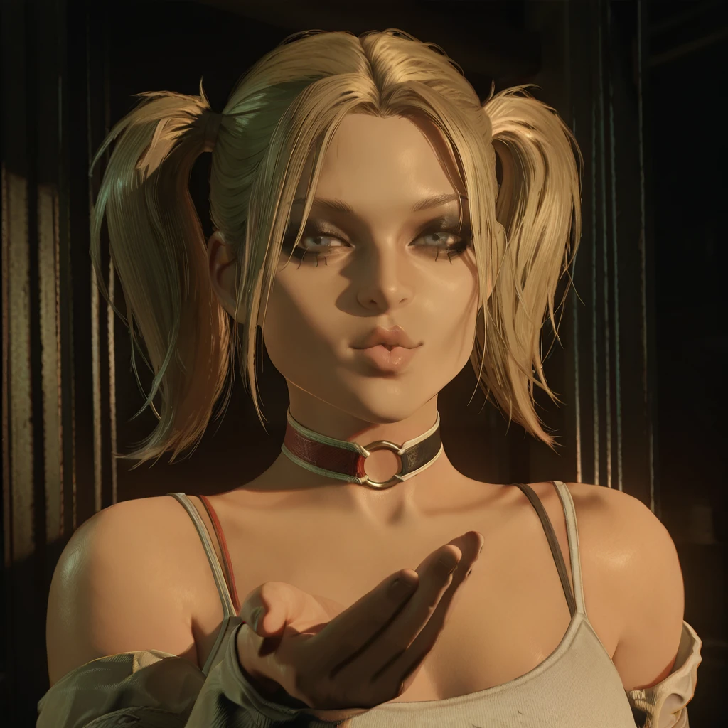 masterpiece, best quality, amazing quality, highres, absurdres, intricate details, realistic,  <lora:Harley_Quinn_Gotham_ILLUS-000008:0.8> , hq1, 1girl, solo, twintails, grey eyes,  blonde hair, detached sleeves, choker, tank top, bra strap, looking at viewer, light smile, portrait, black eyeshadow, close up, blowing kiss, puckered lips,