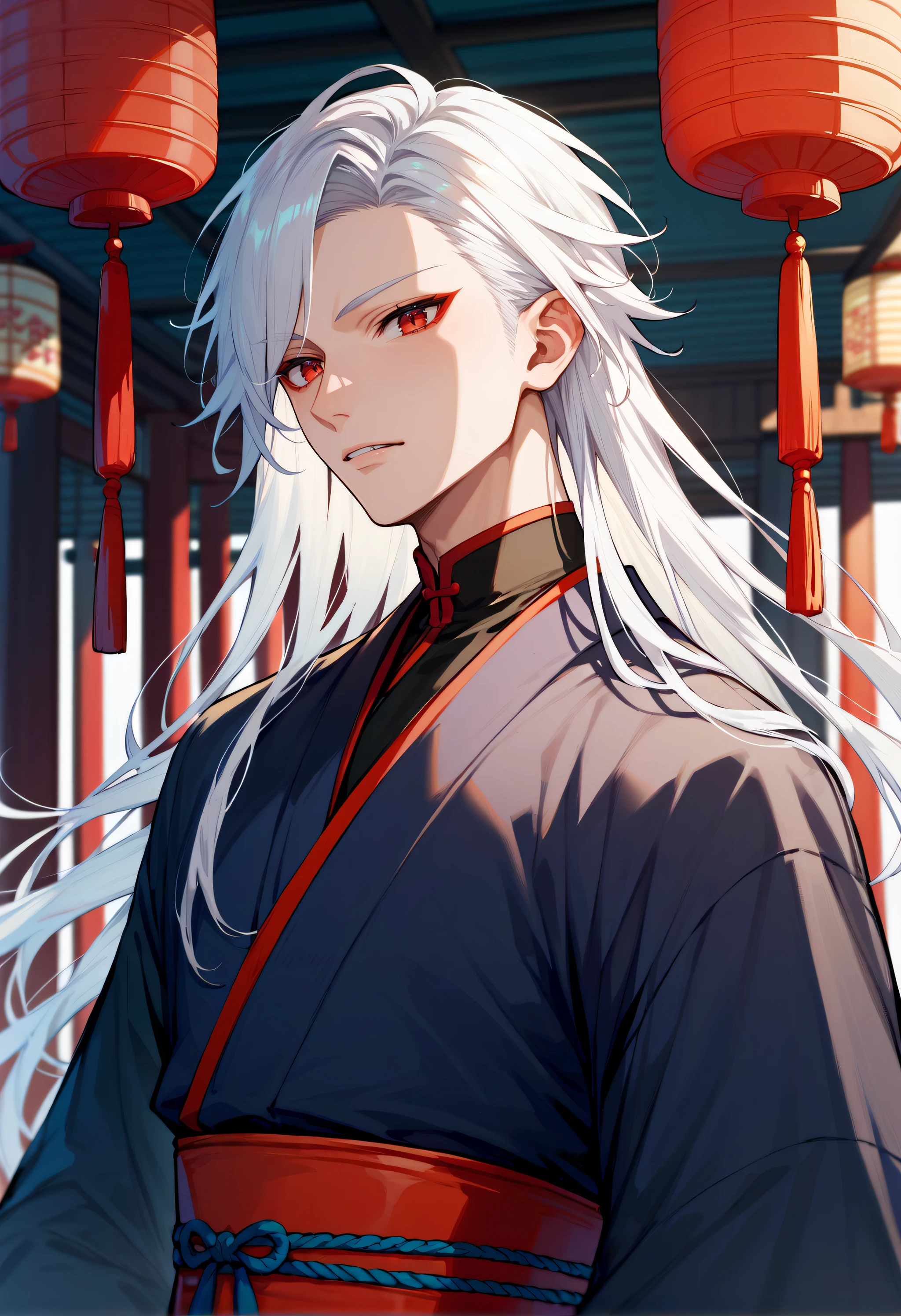 montsuki, japan architecture, white hair, long hair, red eyes, demon, smooth anime boy, score_9, score_8_up, score_7_up, score_6_up