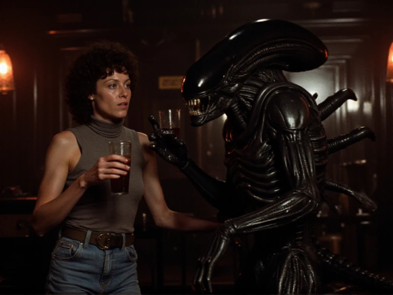 <lora:Ripley:0.9> ripley, a woman wears a turtleneck and jeans. She is having a drink with an  alien black xenomorph  in a pub.  <lora:Xenomorph:0.6>