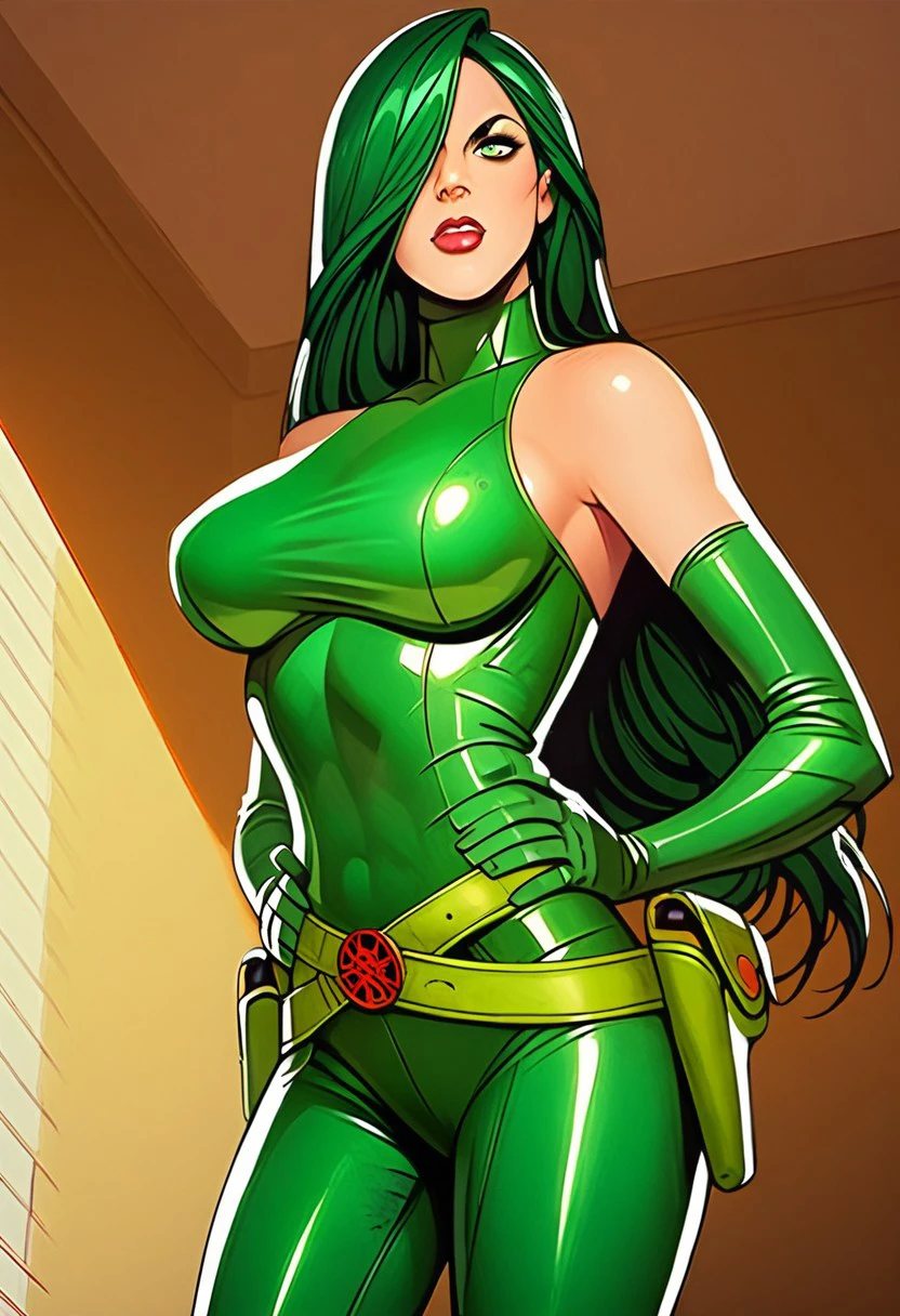 score_9, score_8_up, score_7_up, intricate detail, high res, 2d, comic drawing style, indoors,
Madame Hydra, 1girl, solo, long hair, green bodysuit, skin tight, breasts, bare shoulders, belt, elbow gloves, green boots, long hair, green hair color, fringe covering one eye, latex clothing, large breasts, hands on hips, seductive look,