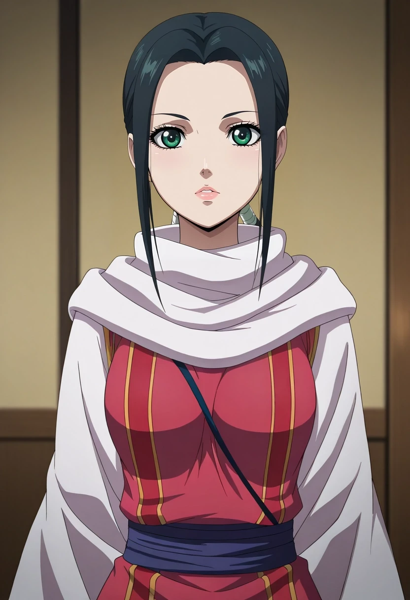 masterpiece, best quality, intricate details, anime screencap, anime coloring, official style, , depth of field, 1girl, solo, <lora:qiang_lei_ilxl:0.9>, qiang_lei, black hair, green eyes, long hair, low ponytail, , lips, , ,