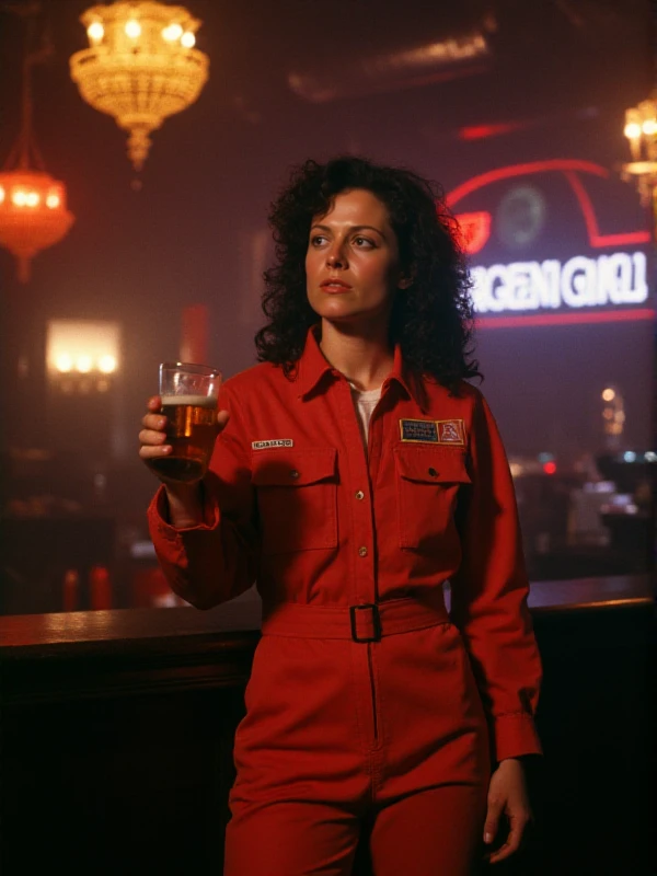 <lora:Ripley:0.9> ripley, a woman wears a jumpsuit. She holds a beer in a space pub