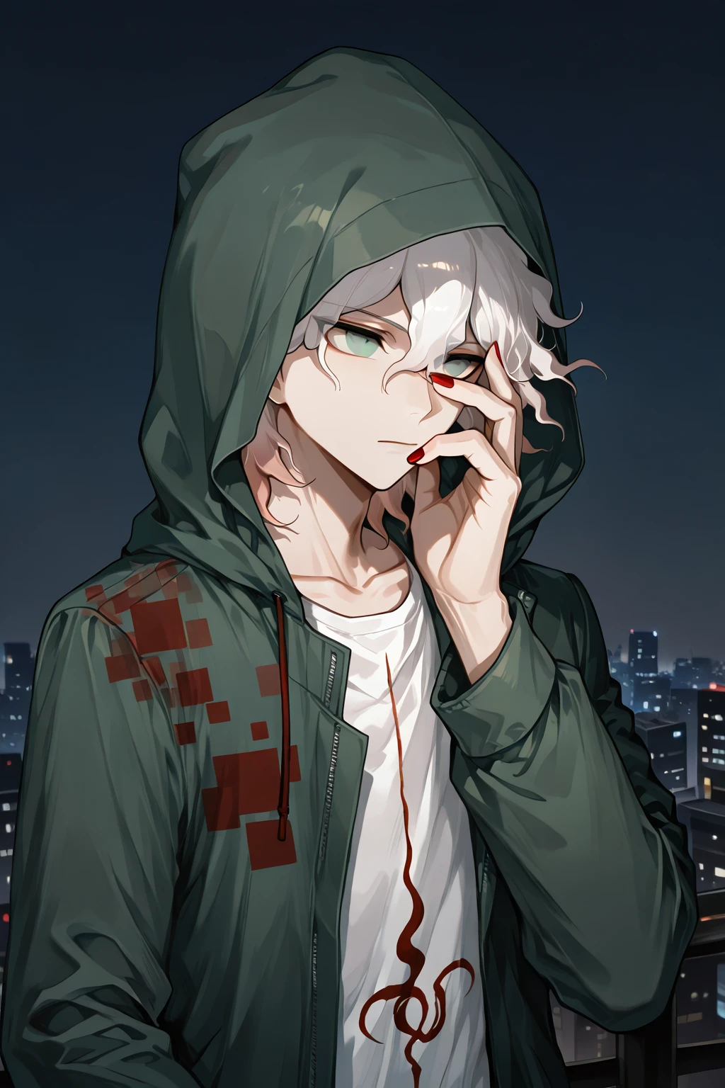 nagito_komaeda,white hair,green eyes, short hair, solo, 1boy,green jacket,print shirt, hood, hood on, red nails, night, serious, city on the background, hand to face