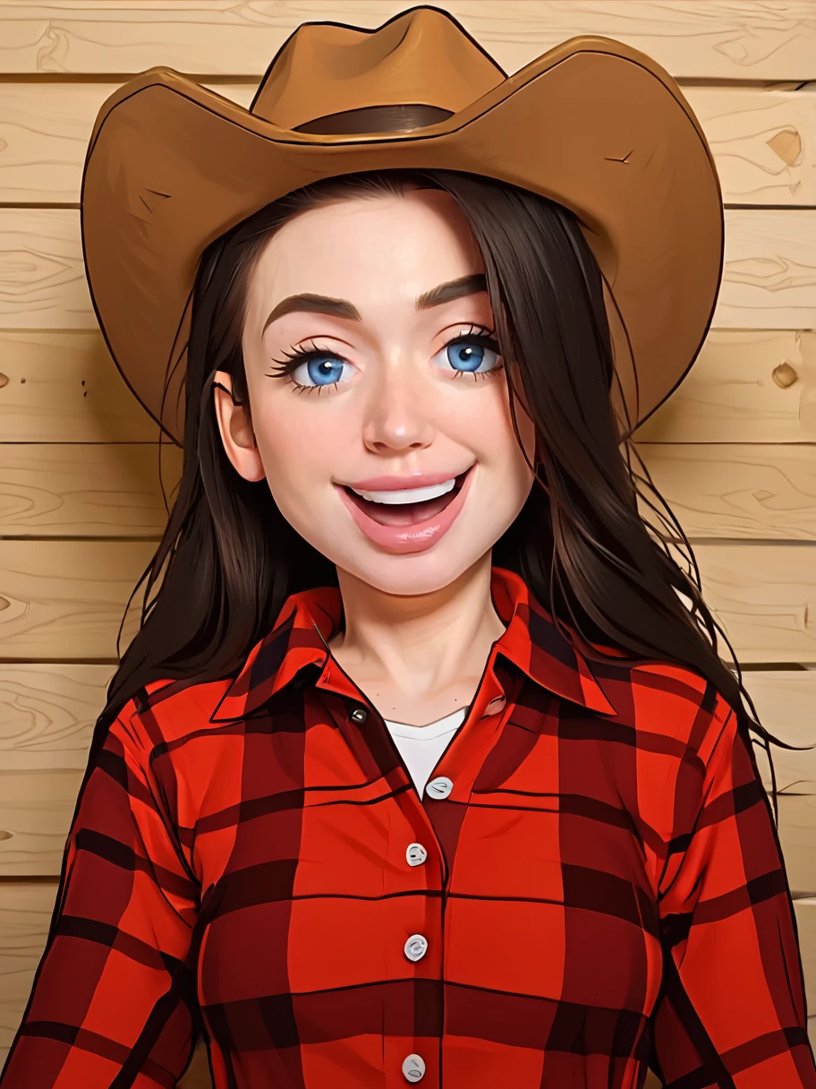 1girl, solo, looking at the viewer, happy, smile
<lora:Nikky_Dandelion:1> nikkydandelion, black hair, long hair, blue eyes, small breasts, cowboy hat, flannel shirt,
<lora:incase_2024_new_style_upscaled_with_big_images:.5>âââ