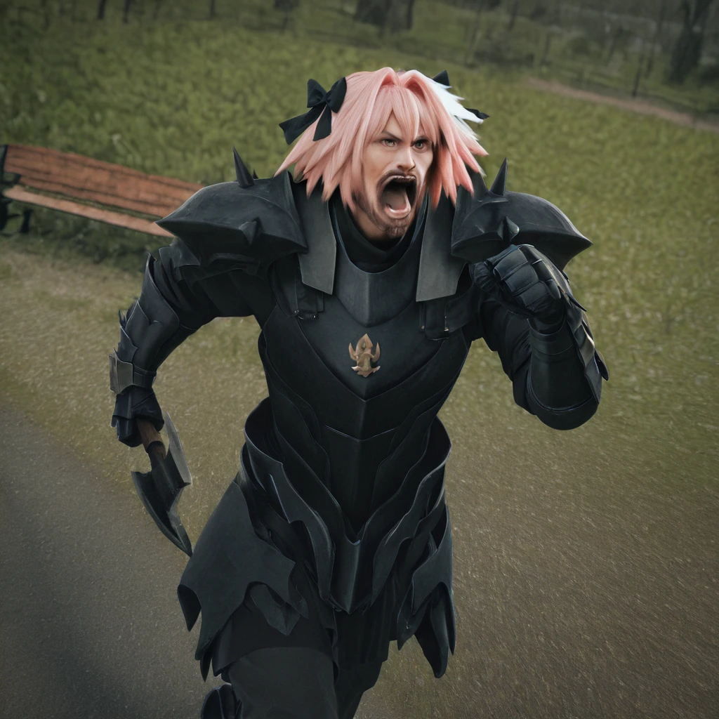 sfw, masterpiece, best quality,absurderes,photo,realistic,source_photo,outdoors,park,bench,jogging,1boy,solo,astolfo \(fate\),manly,armor,moustache,pink hair,hair ribbons,beard,spiked armor,spiked pauldrons,black armor,holding axe,yelling,enraged,<lora:Reallustrious_Beta2:0.8>