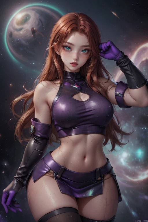 Starfire, 19 yo girl, (sexy, slender, athletic, muscular, fit, voluptuous, wide hips), red full lips, green clear eyes, mesmerising eyes,
exited, seductive, rolling_eyes,  ohogao, surprised, Exhausted, freckles, orgasm face, screaming, (looking at viewer:1.2), (mischievous look:1.2), workout, knockout, (opened mouth:1.1), provocative pose, embarrassed, paintful face, tired face, defeated,
dirty, jewelry, sweating, wet, , Lacerations, (Cutout torn violet clothes:1.1), miniskirt, gloves, thigh boots,( cosmic background,:1.3)
IMG_568.jpg, IMG_558.png, photo <lora:AtomicHips2:0.2> <lora:CutoutSwimsuit:0.1>  <lora:Bjddolls21:0.2> <lora:ohogao_rolling_eyes_V1-000005:0.2>  <lora:LowRA:0.2> <lora:sakimichanStyle_v15Fix:0.2> <lora:yuantu:0.2> <lora:jooju__fit-15:0.4> <lora:sakimichanStyleNSFW_v10:0.3>  <lora:Starfire-000004:0.9>