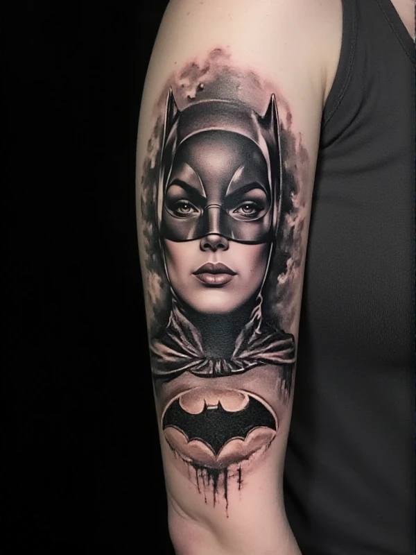 <lora:Tattoo_Style:0.9> tattoo style, a woman with an arm tattoo of a man dressed with a batman costume  <lora:Batman60s:0.9>