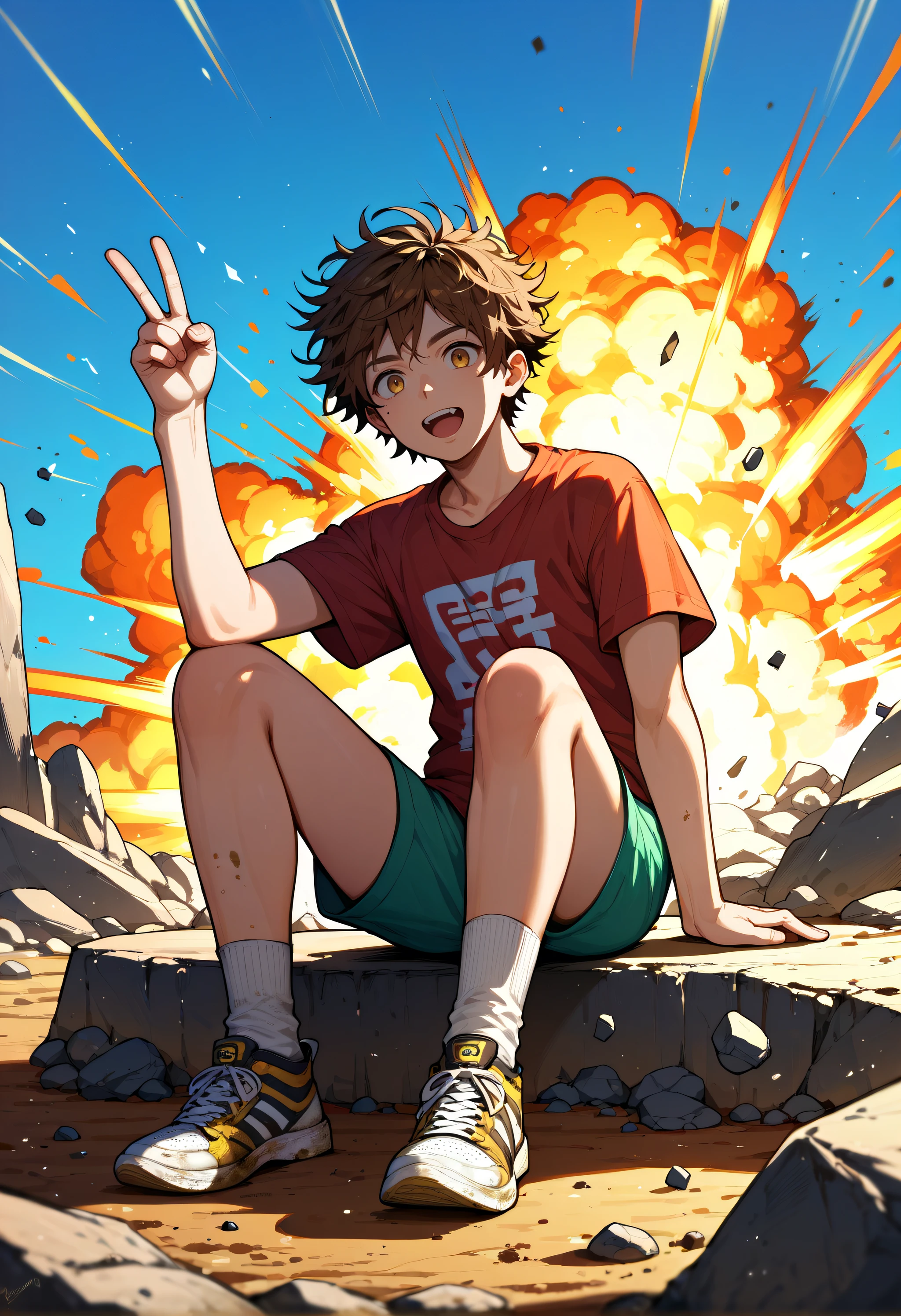 maze, rocks, dirt, sitting, detailed background, messy hair, sneakers, sky, looking at viewer, despair, yellow eyes, brown hair, socks, peace sign, open mouth, explosion behind, sound wave, wind, smooth anime boy, score_9, score_8_up, score_7_up, score_6_up