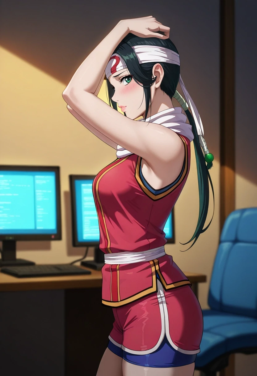 masterpiece, best quality, intricate details, (realistic:0.6), looking at viewer, depth of field, 1girl, solo, <lora:qiang_lei_ilxl:1>, qiang_lei, black hair, green eyes, long hair, low ponytail, headband, lips, , profile, bedroom, computer monitor, dusk, arms above head, shy, blush, Athletic shorts, Dress vest, Espadrilles, ,