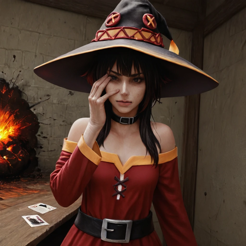 sfw, masterpiece, best quality,absurderes,photo,realistic,source_photo,1girl,solo,megumin,witch hat,holding own face,suprised,dress,indoors,explosion,fireball,fire,burning building,conflageration,<lora:Reallustrious_Beta2:0.95>