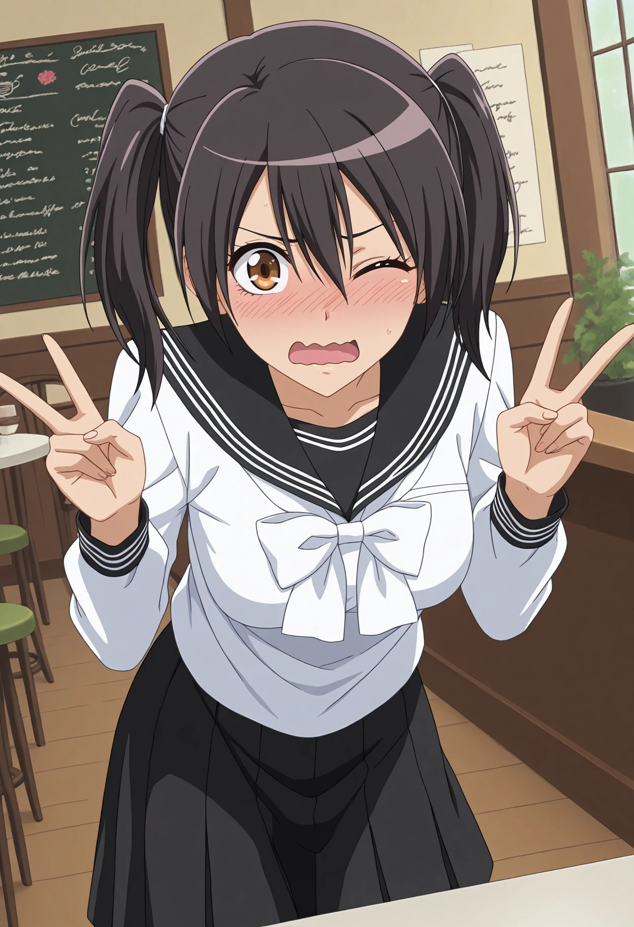 masterpiece, best quality, 1girl, solo,
<lora:Misaki_Ayuzawa_Kaichou_wa_Maid-sama_IL_V1:1>, KJOmisaki, black hair, brown eyes, hair between eyes, twintails, 
black skirt, white serafuku, long sleeves, white bowtie, 
double peace sign, leaning forward, embarrassed, wavy mouth, open mouth, one eye closed, looking at viewer, dutch angle, 
cafe,
(Beautiful, medium Breasts:1.2),