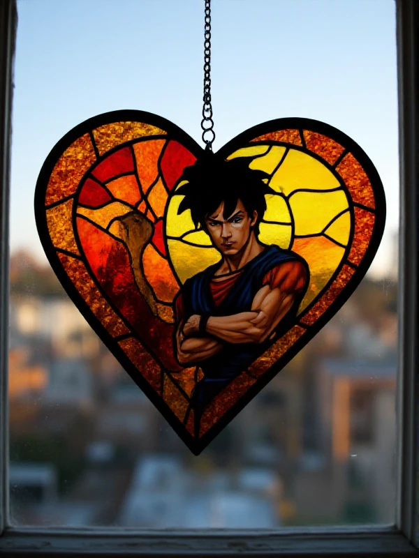 <lora:Stained_Glass_Style:0.9>Stained Glass Style in a heart shape of a son goku. The stained glass is hanging at a window with a chain. City background