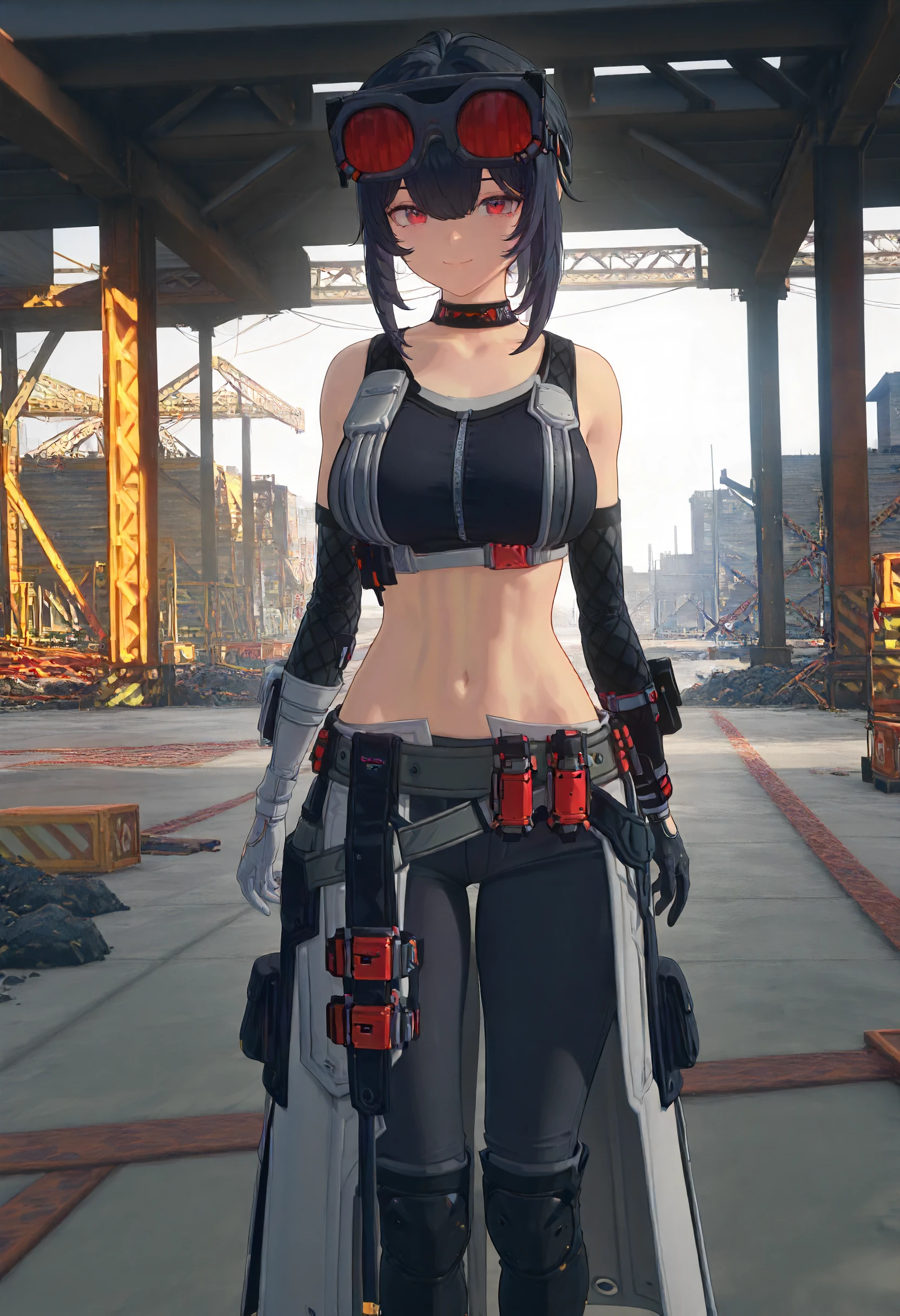 masterpiece, best quality, amazing quality, very aesthetic, absurdres, newest, scenery, volumetric lighting, perfect eyes, ultra detailed,
1girl, Grace Howard, solo, black hair, sideburns, short ponytail, red eyes, 
black and red googles, choker, black tank top, shoulder cut, detached sleeves, gloves, belts, black pants, one kneepad, white waist cape, red gadgets, black boots,
standing, looking at viewer, smile,  front view,
outdoors, construction site, beams, detailed background,
<lora:Grace_Howard_-_Zenless_Zone_Zero_ZZZ__Illustrious:1>
masterpiece, best quality, amazing quality, very aesthetic, absurdres, newest, scenery, volumetric lighting,