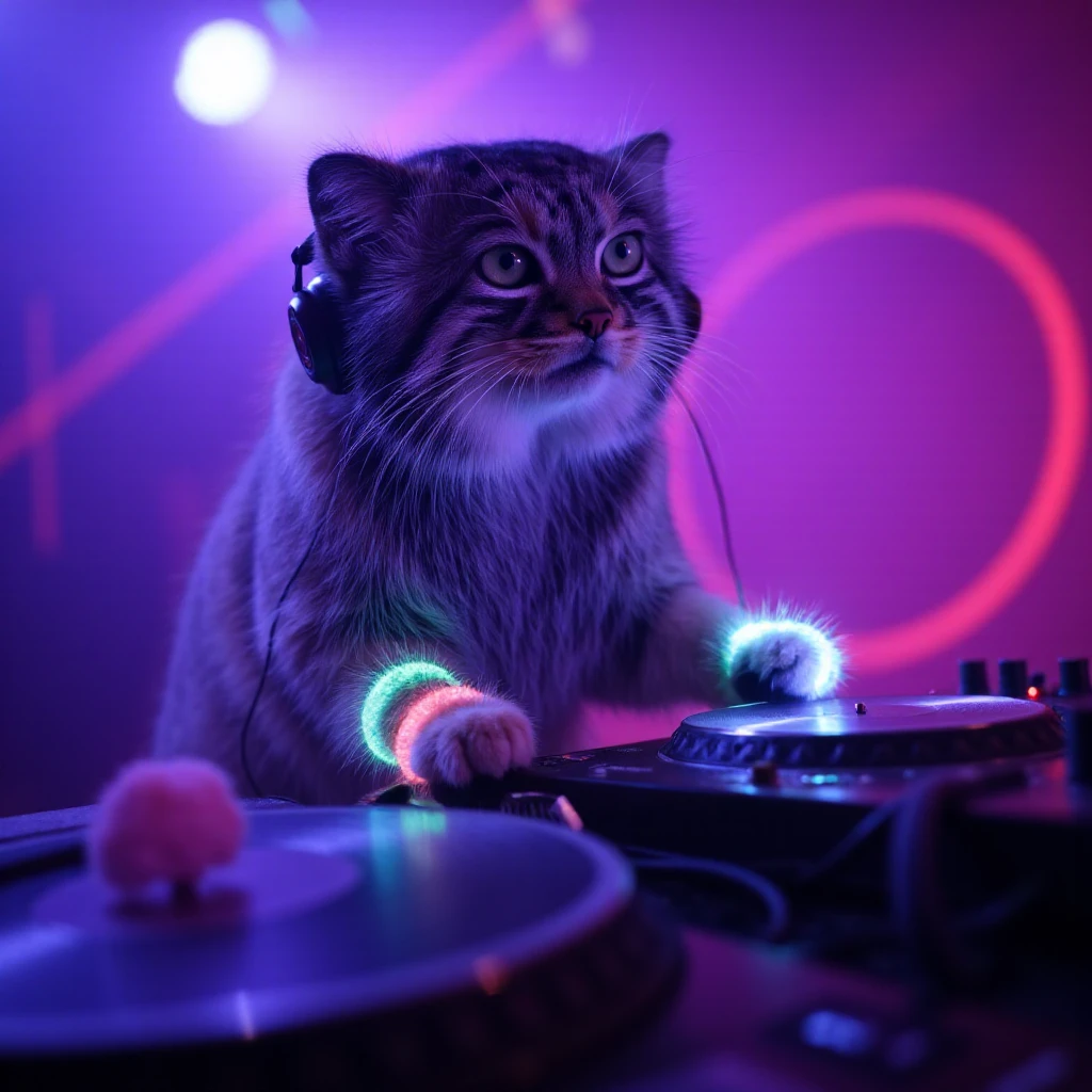 iphone photo of a pallas cat DJ at a turntable wearing headphones.  in the background is a rave with fog machines and lasers. The cat has flourescent rave paint on it and a candy bracelet  <lora:PallasV2FLUX-0000010:0.9> masterpiece, best quality, very aesthetic