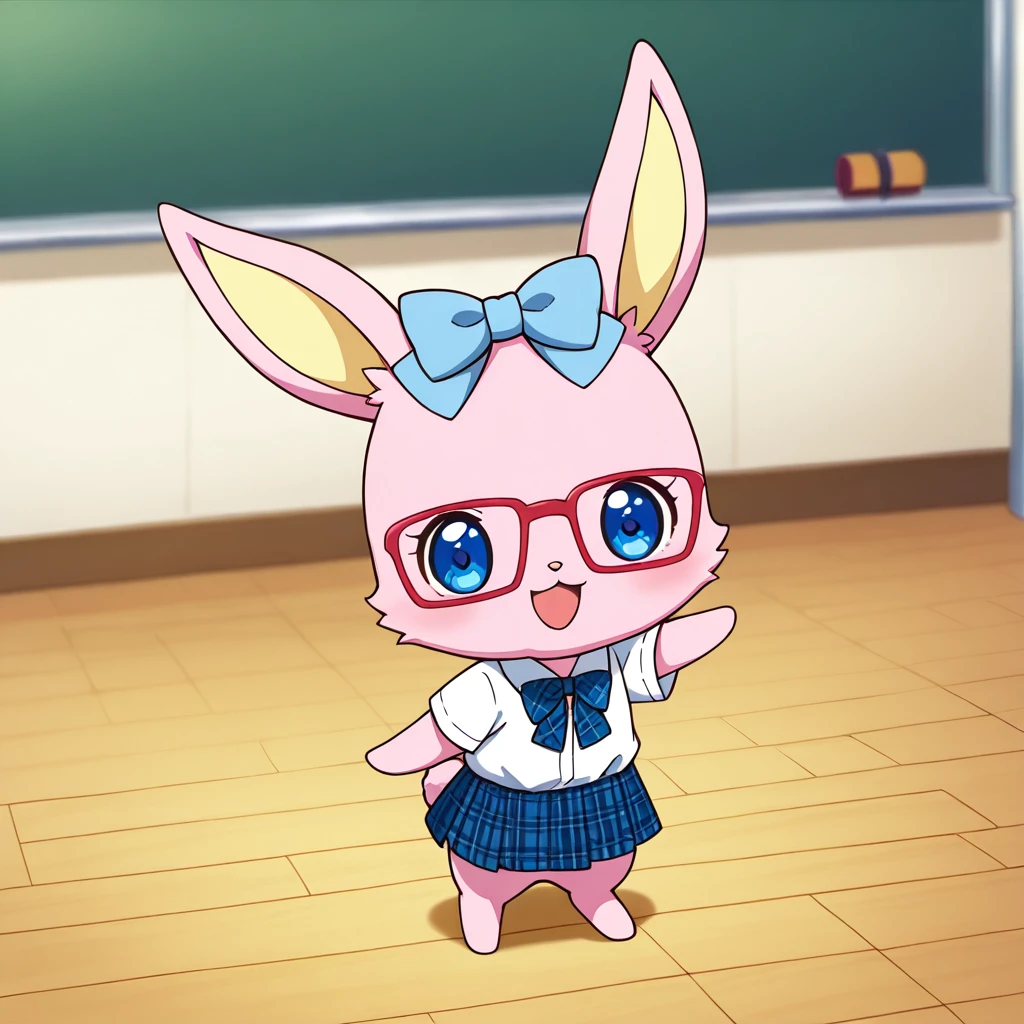 realistic, female, furry, solo, jpluna, chibi, (feral), 3 toes, rabbit, pink body, pink fur,  yellow inner ears, (blue head bow), red glasses, school uniform, check pattern skirt, short sleeve white shirt, bow tie, blue eyes, (looking aside), smile, open mouth, looking at viewer, standing on floor,  detailed background, depth of field, classroom, <lora:Luna_wearing_glassesjewelpet:1>